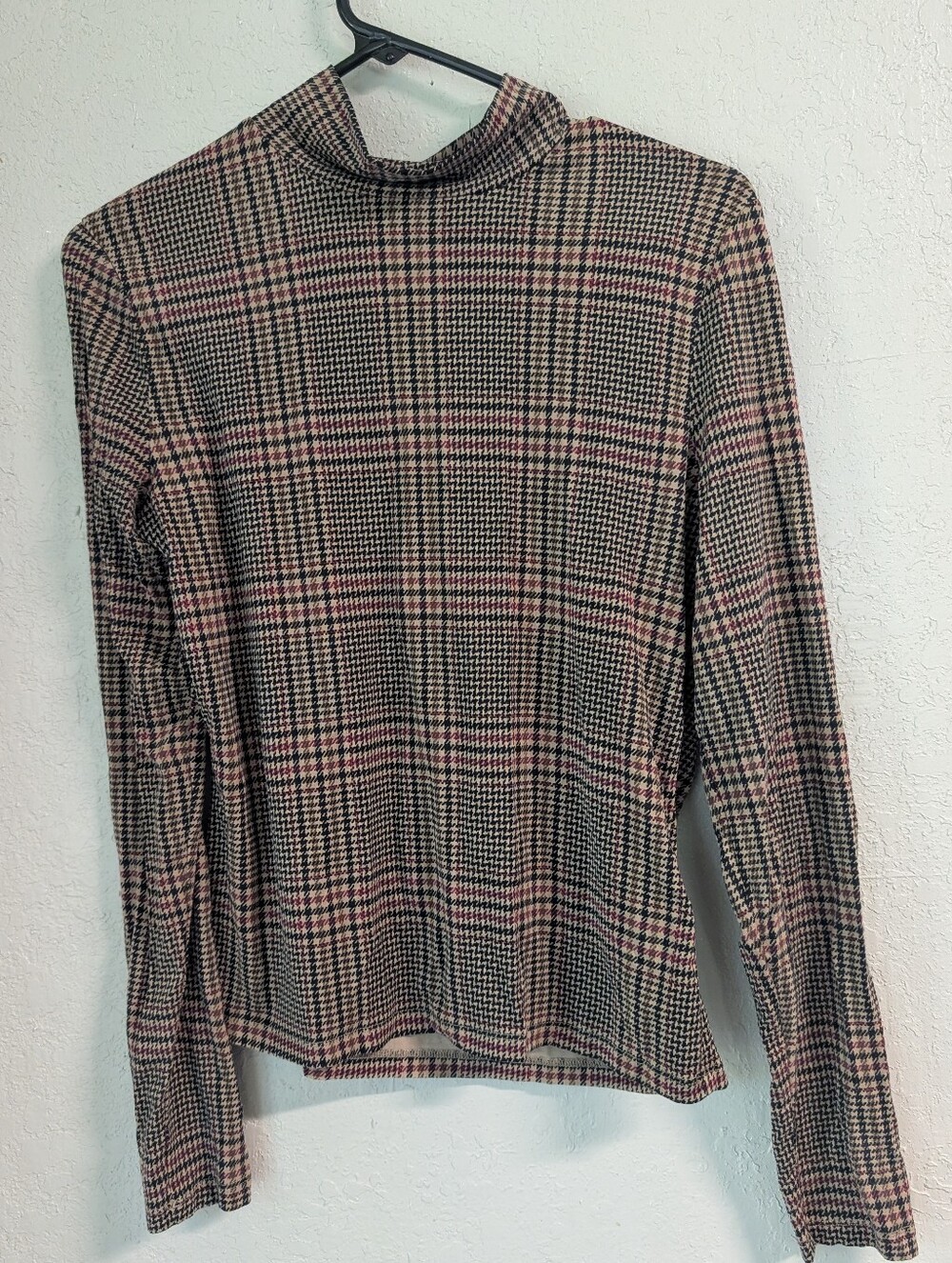 Veronica Beard Houndstooth Mock Neck Top M Red Brown Black Minimalist Capsule
